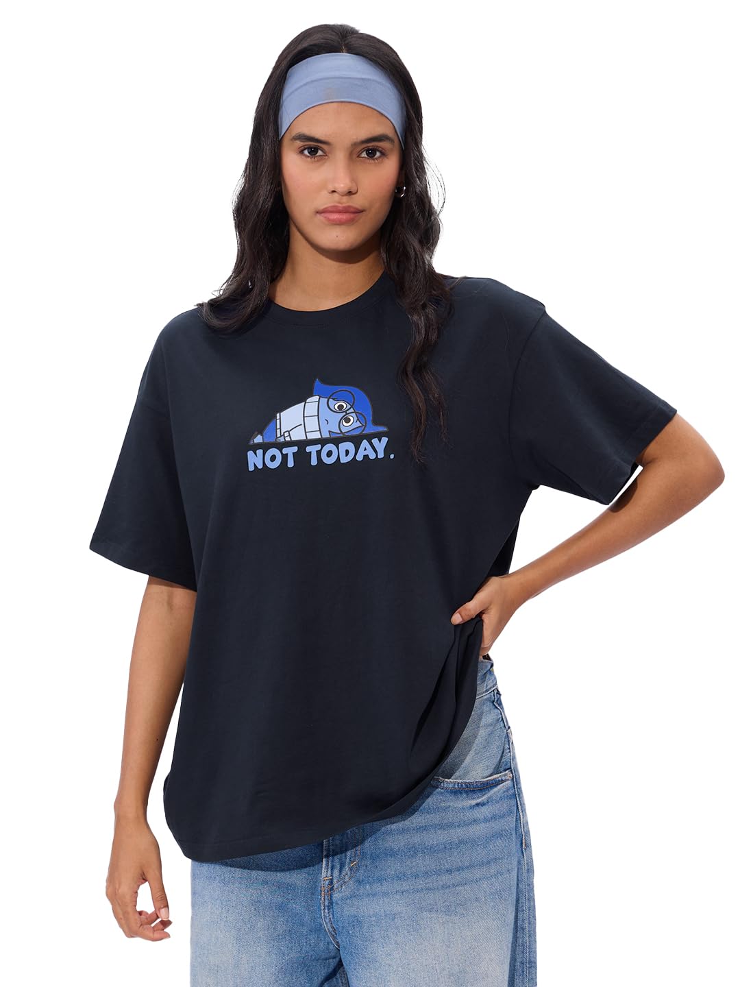 The Souled Store Official Inside Out Originals: Sadness Women and Girls Short Sleeve Round Neck Black Graphic Printed Cotton Ove