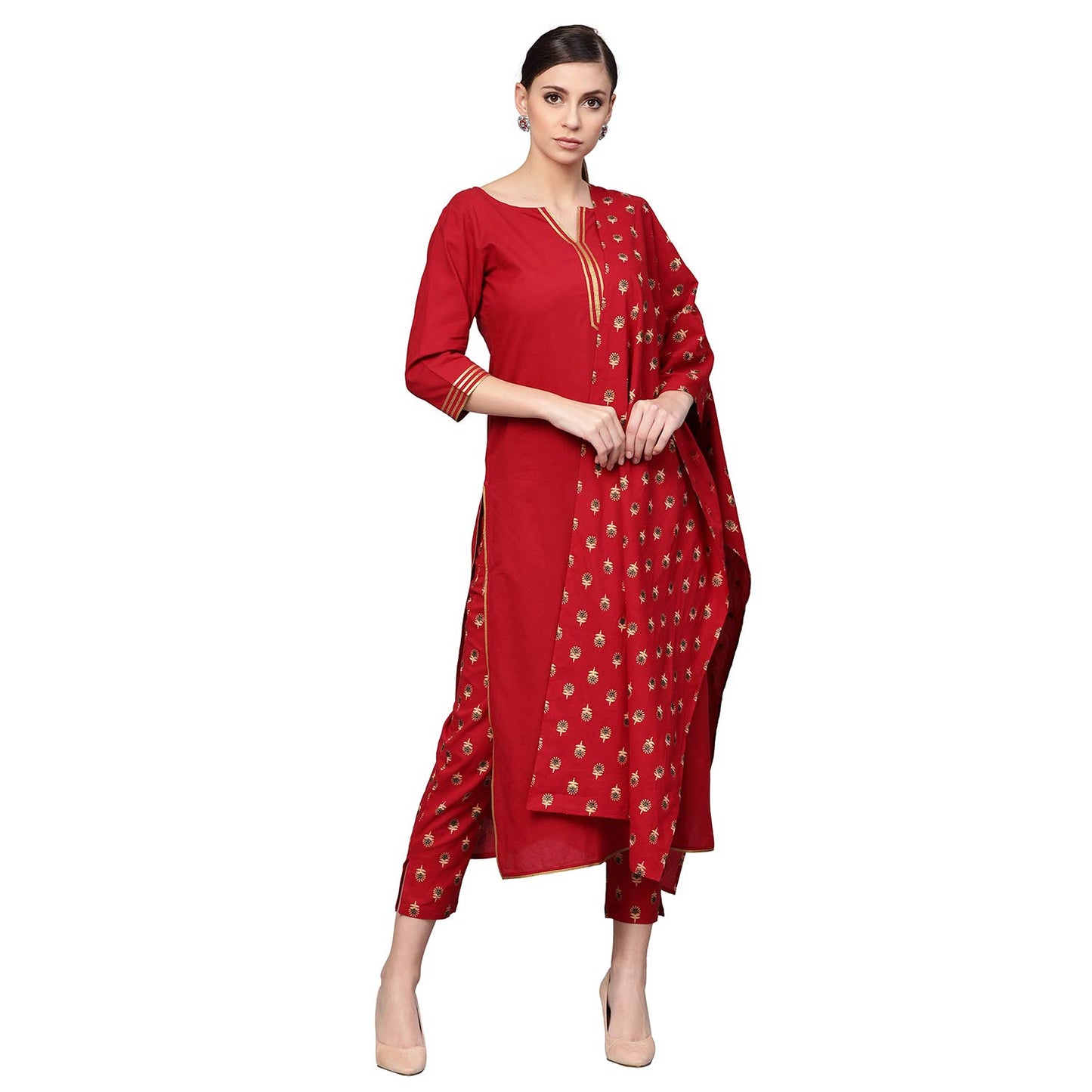 Idalia Women's Maroon Cotton Kurta With Printed Pants & Dupatta