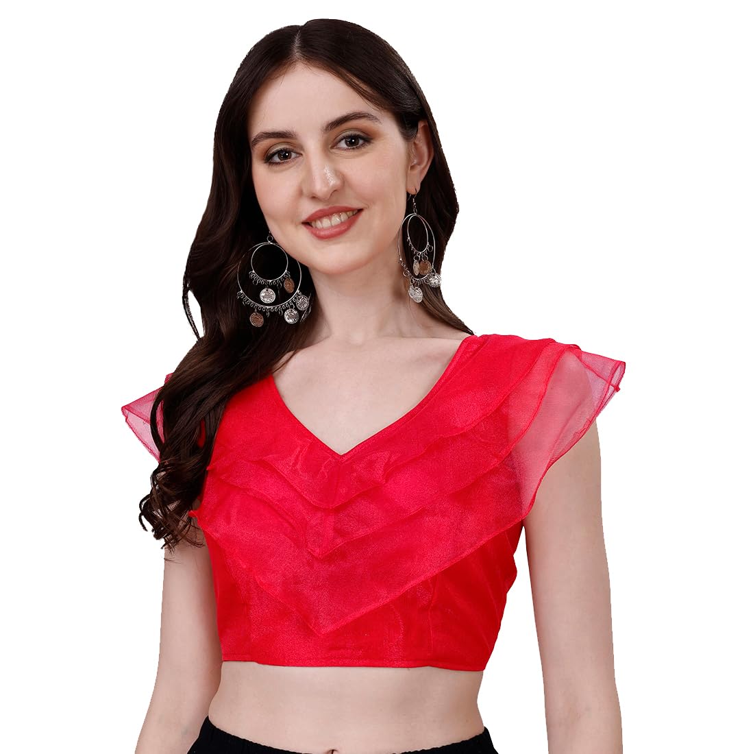 Pujia Mills Womens V Neck Orgenza Three Layer Ruffle Sleeve Frill Readymade Saree Blouse