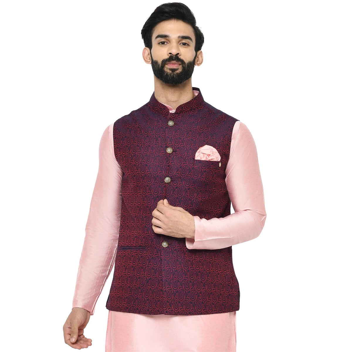 Kisah Men Violet Woven Design Nehru Jacket Ethnic Festive Waistcoat Cotton, Regular Fit