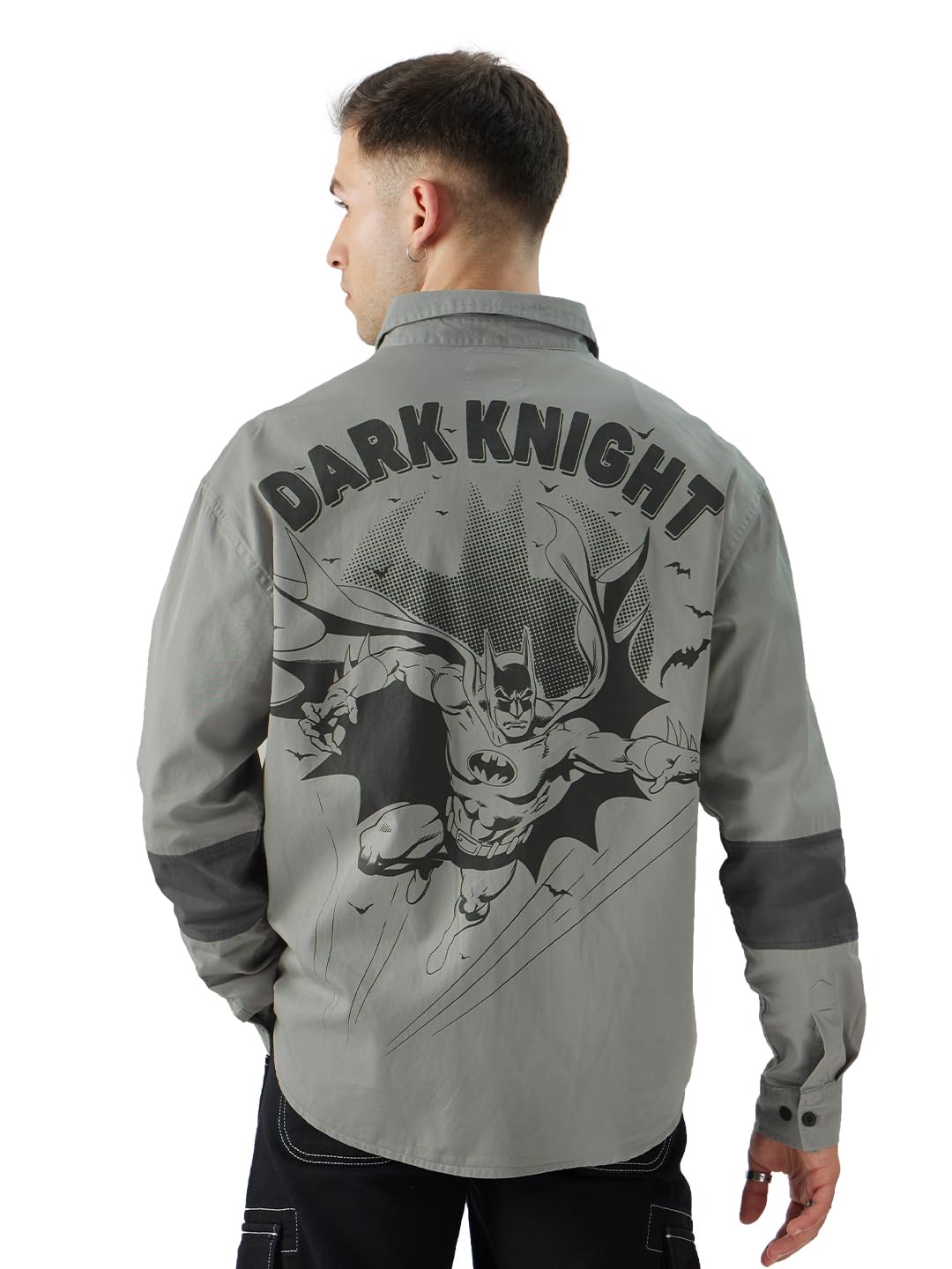 The Souled Store Official Batman: Dark Knight Returns Men and Boys Long Sleeve Collared Neck Button Front Grey Garphic Print Ove
