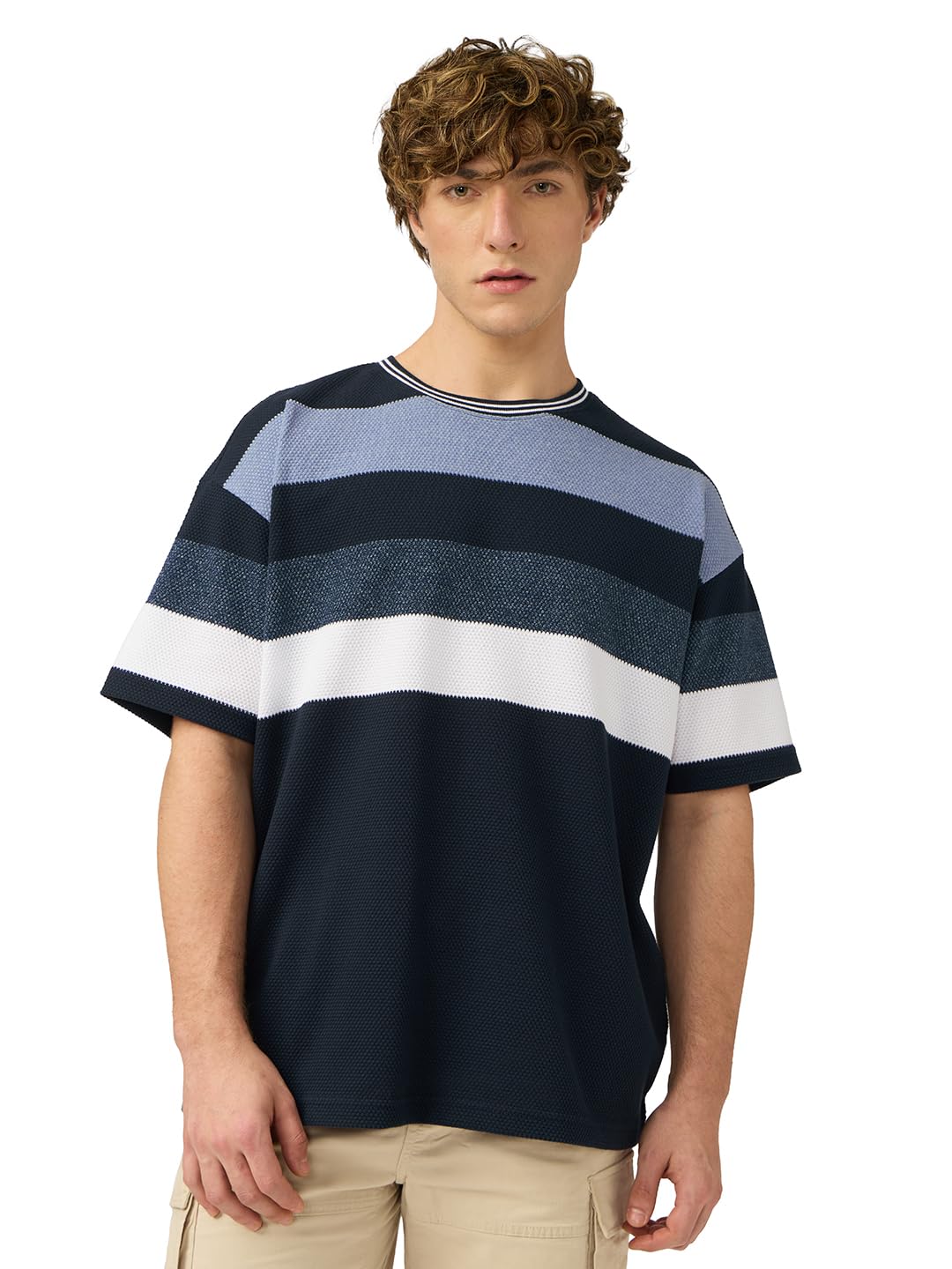 The Souled Store Stripes: Nautical Men and Boys Short Sleeves Round Neck Cotton Oversized T-Shirts