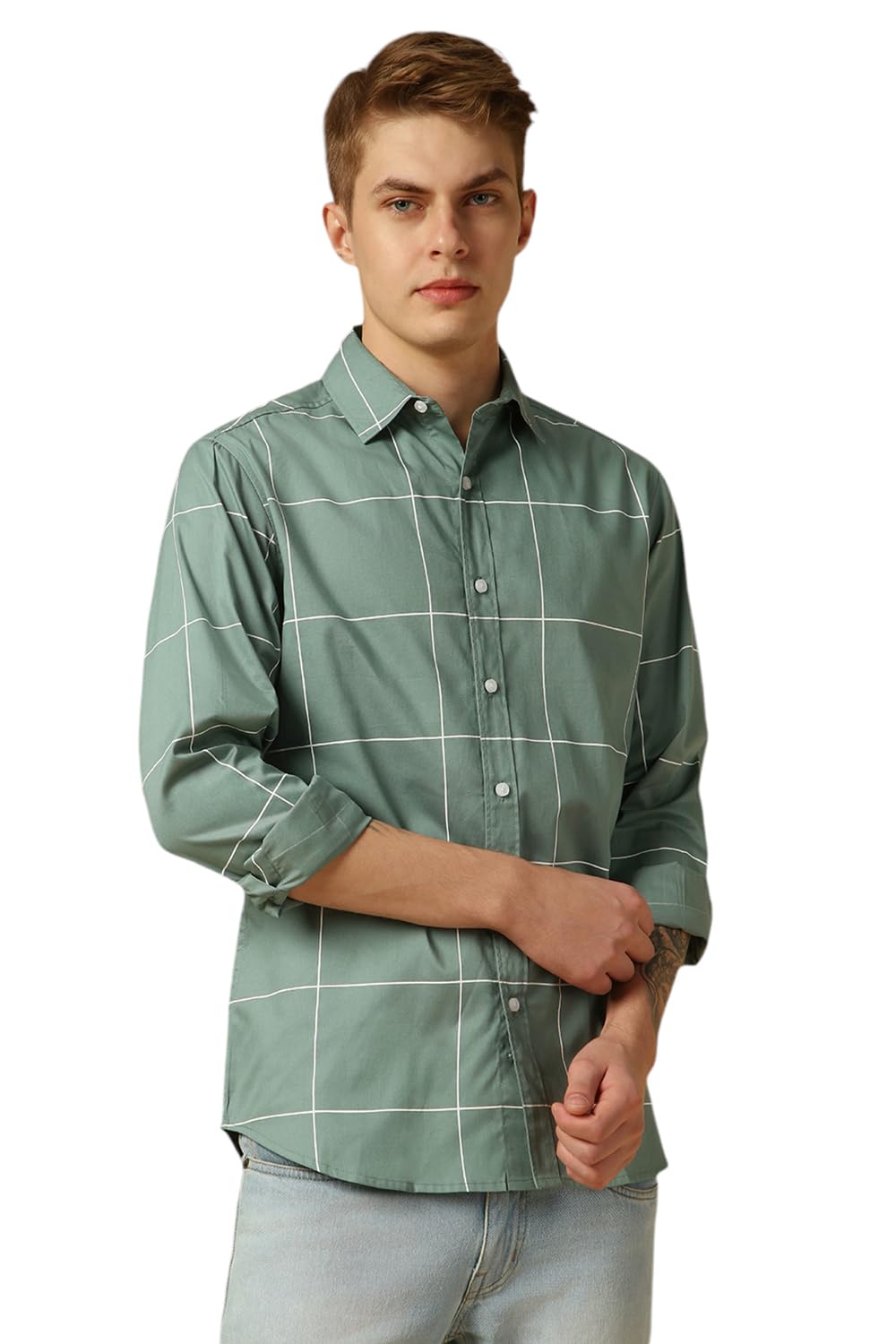Dennis Lingo MenS Sage Green Full Sleeve Spread Collar Checkered Regular Fit Casual Shirt