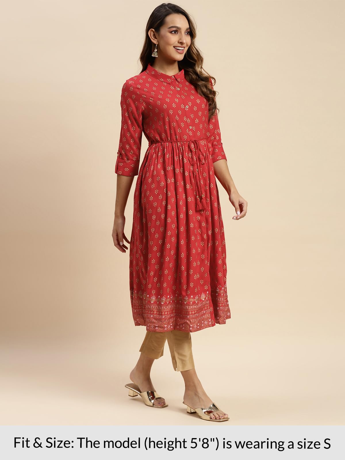 rangita Red Rayon Calf Length Printed Flared Kurti for Women | Kurta for Women