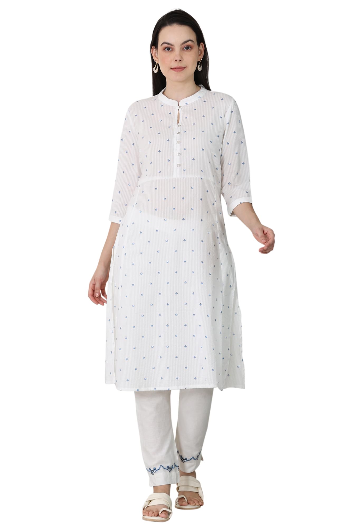 W for Woman White Printed Pure Cotton Soft & Breathable Straight Kurta