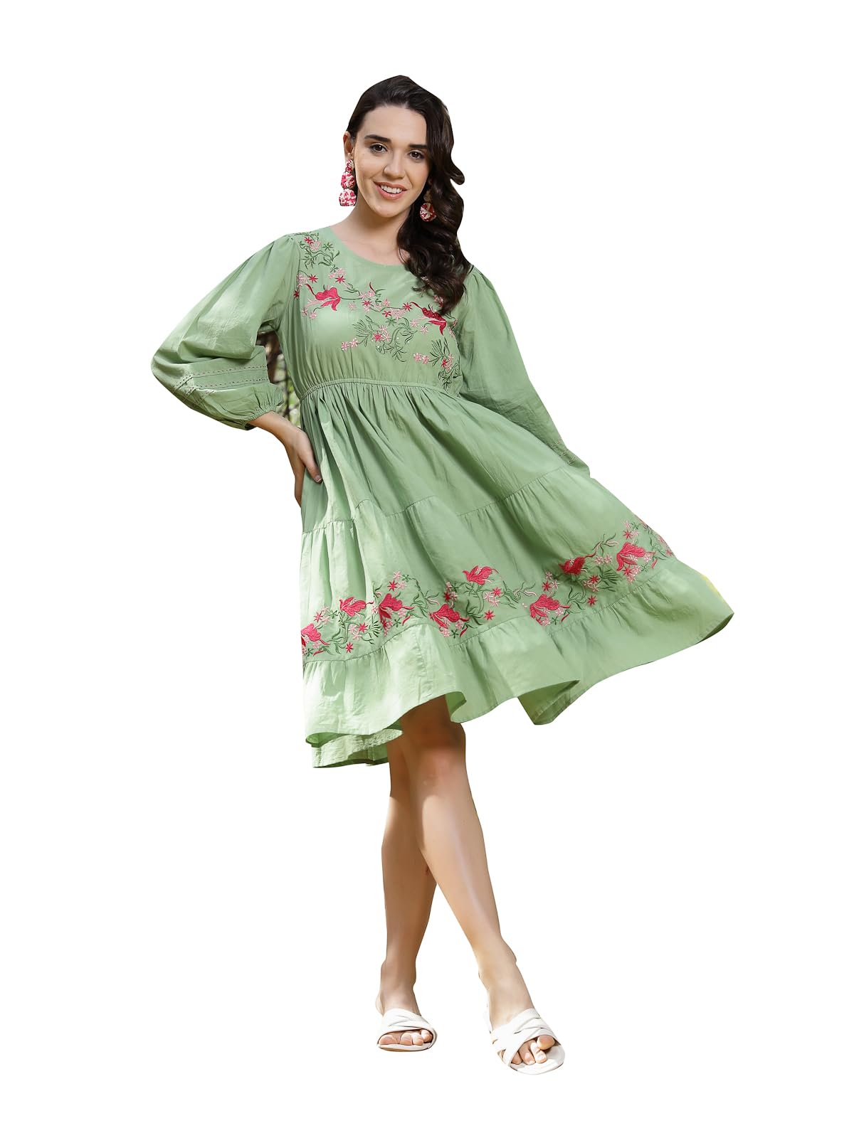 Stylum Womens Solid & Embroidered Cotton Tiered Dress Pista Green