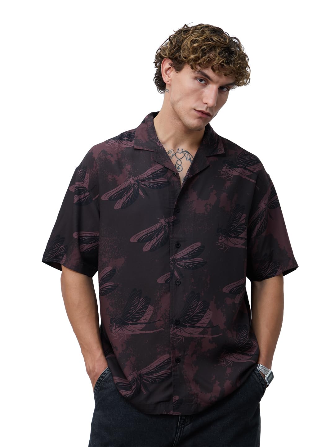 The Souled Store Oversized Shirt: Dragonfly Men and Boys Short Sleeves Cuban Collar Printed Viscose Relaxed Fit Casual Shirts |D