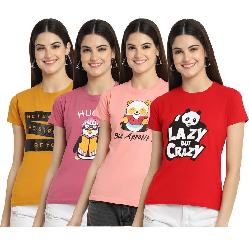 Preneum Womens Cotton Regular Fit Latest Graphic Stylish Printed Short Sleeves Casual T-Shirt || Trends & Stylish (Pack 4), Hot