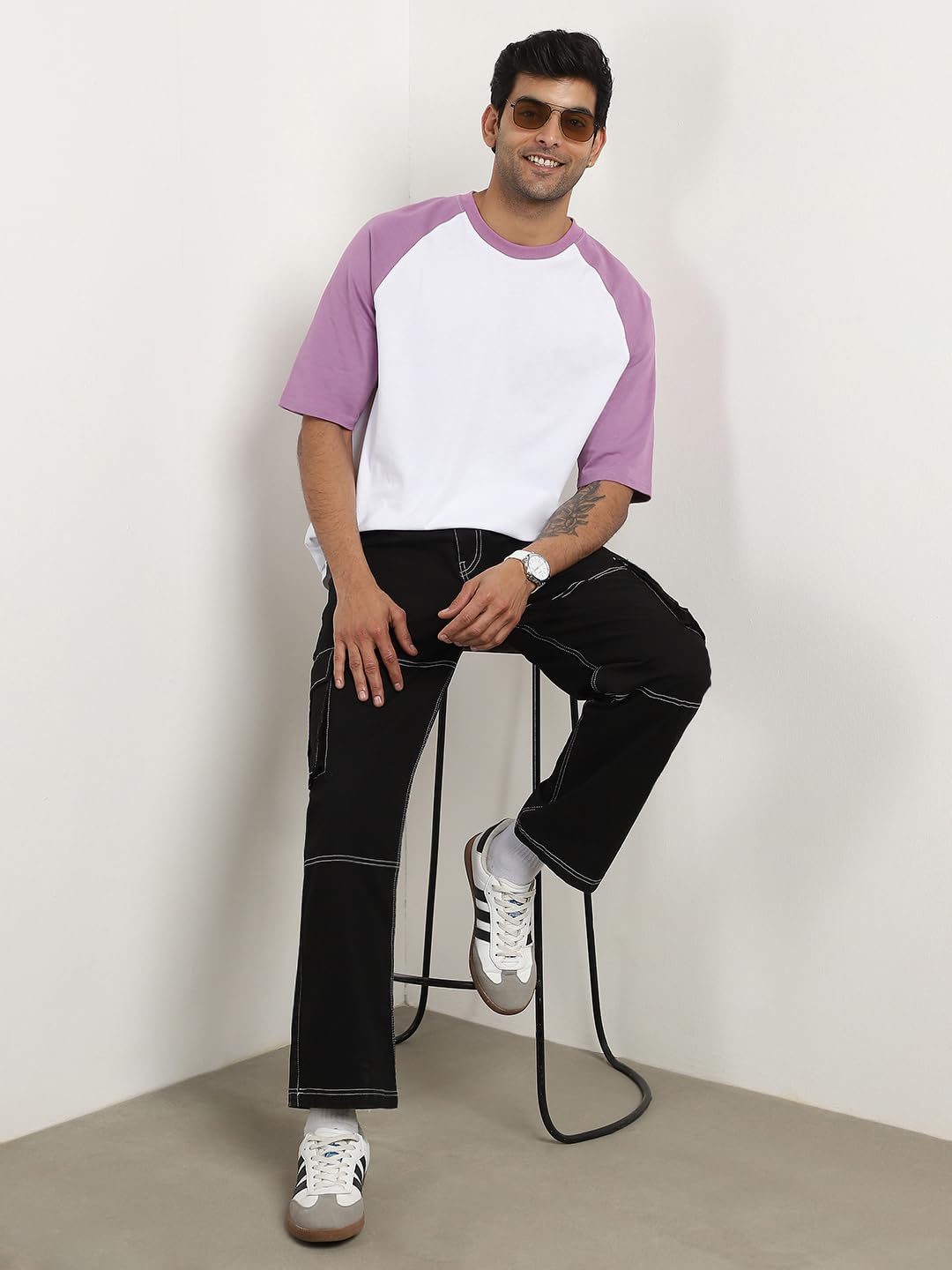 Nobero MenS Colorblock Oversized Fit T-Shirt (1M-Twts-R0103-Bl_White-Purple