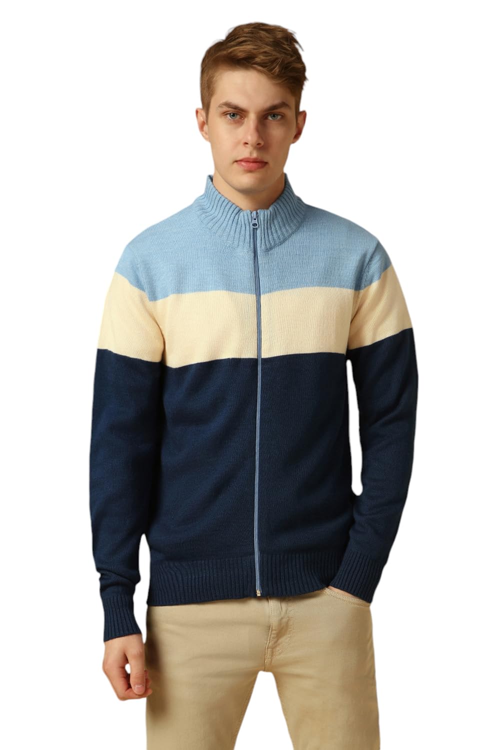 Dennis Lingo Men Grey Colorblock Slim Fit Full Sleeve Mock Collar Pullover Sweater