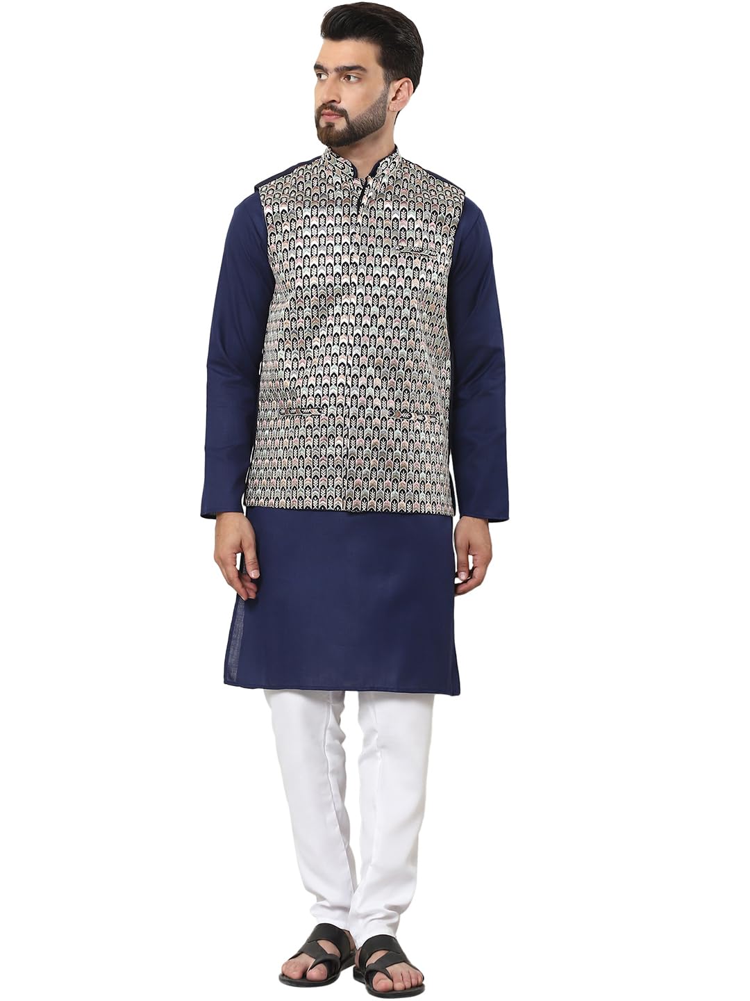 SOJANYA (Since 1958 Men's Cotton Solid Navy Blue Kurta and White Pyjama with Designer Navy Nehru Jacket
