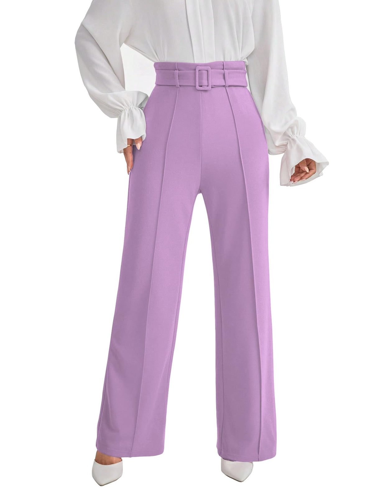 Shasmi Womens Purple Solid Color High Waisted Belted Toothpick Stripe Design Straight Loose Casual Women Pants, Minimalist Styl