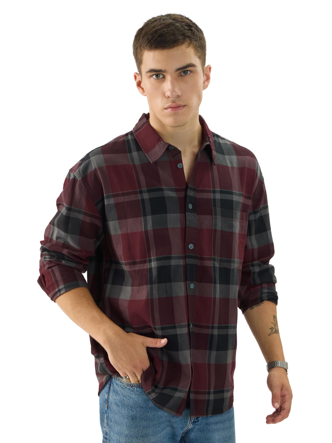 The Souled Store Plaid: Red/Grey Long Sleeve Collared Neck Button Down Cotton Relaxed Fit Shirts for Men and Boys - Classic and