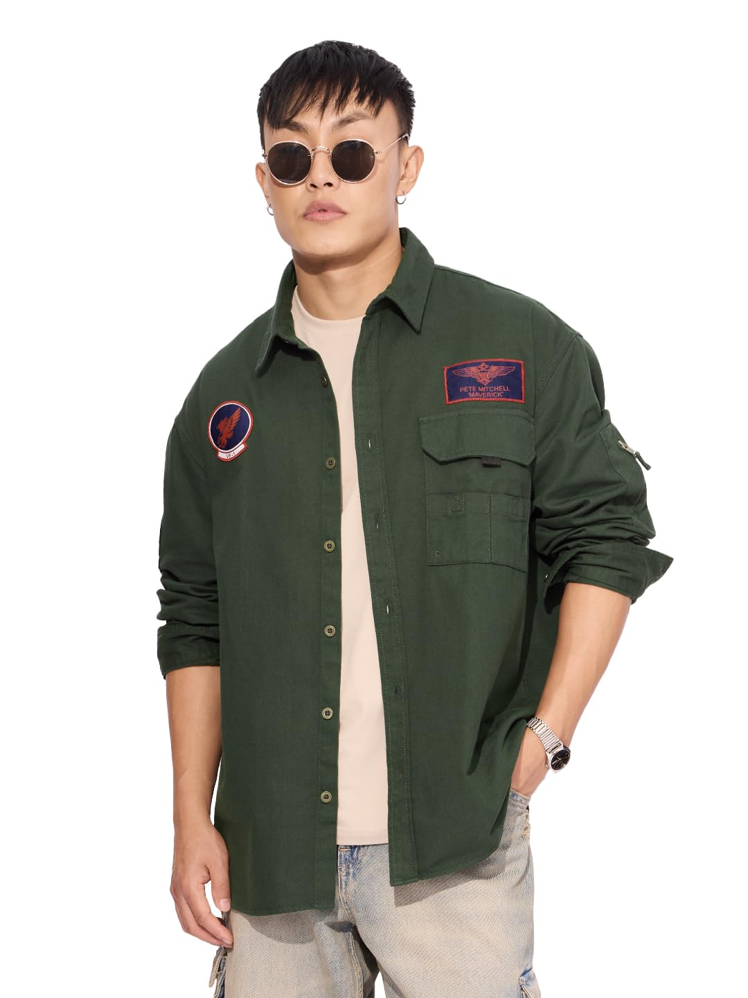The Souled Store Official Top Gun: Flight Crew Men and Boys Long Sleeves Collared Neck Button Front Green Patch Embroidery Regul