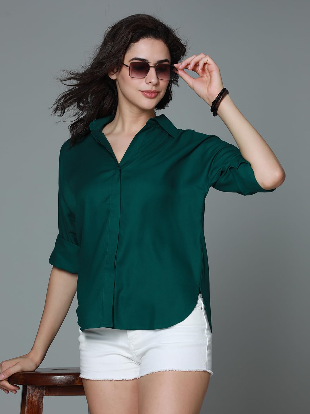 High Star WomenS Solid Oversized Fit Shirt (Hswshs2401_Green