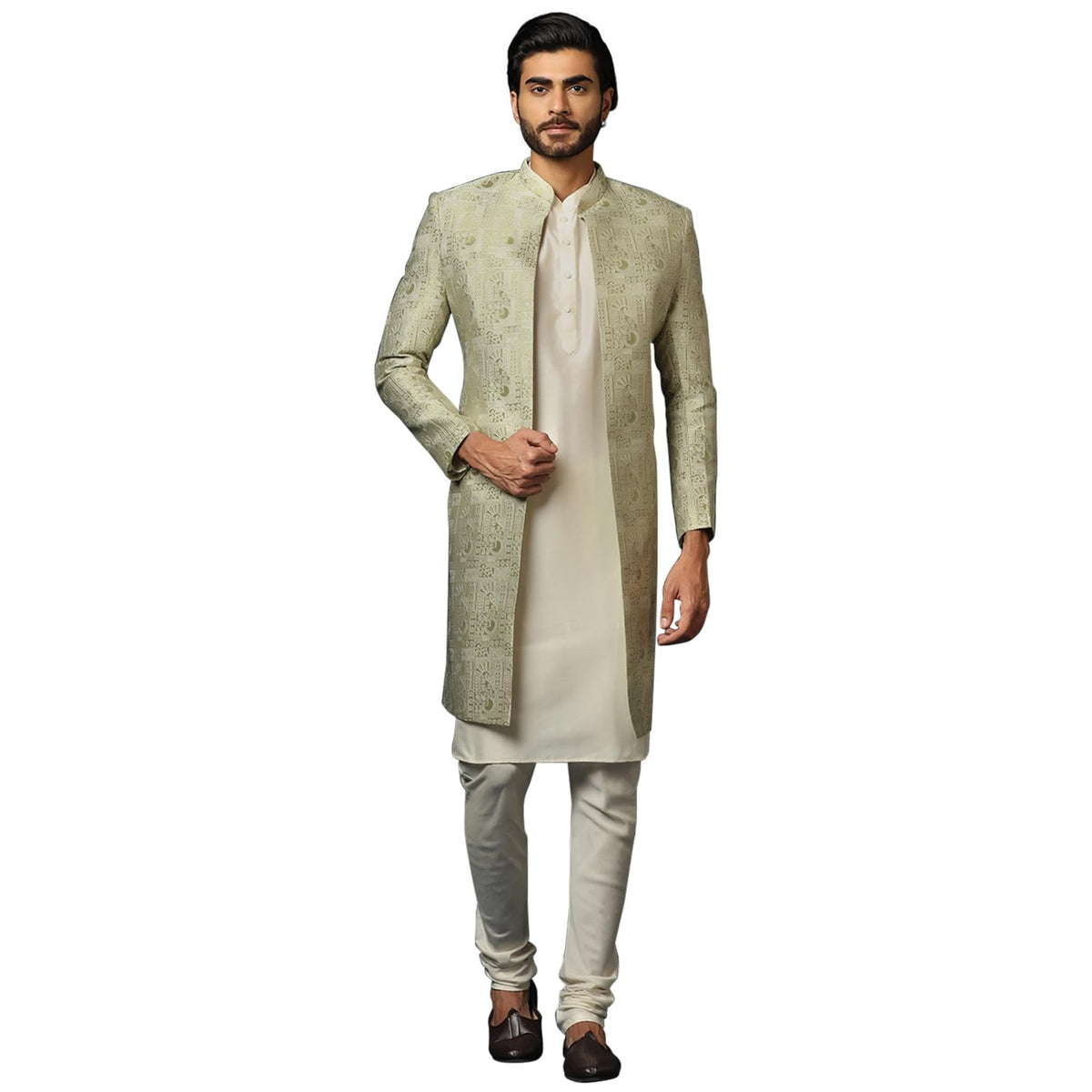 Kisah MenS Beige And Silver Indo-Western Kurta Sherwani Churidar Set Cotton Full Sleaves, Knee Length, Straight, Regular Fit, M