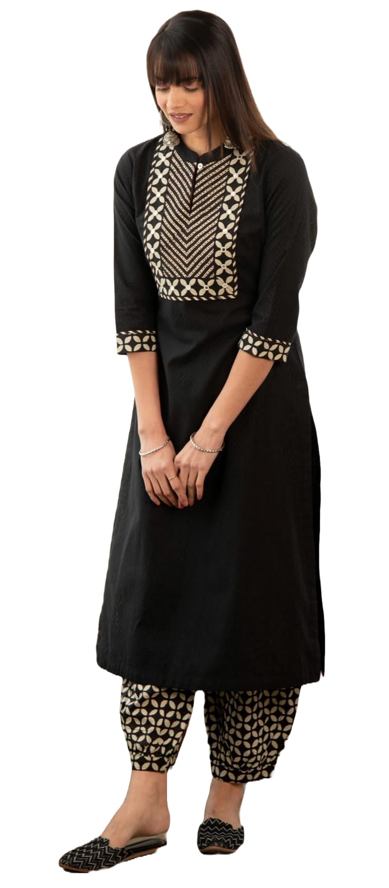 Lookmark WomenS 3/4 Sleeve Solid Black Color Kurti Pant Set, Cotton Blend, Knee Length, Stylish Ethnic Outfit, Office, And Casu