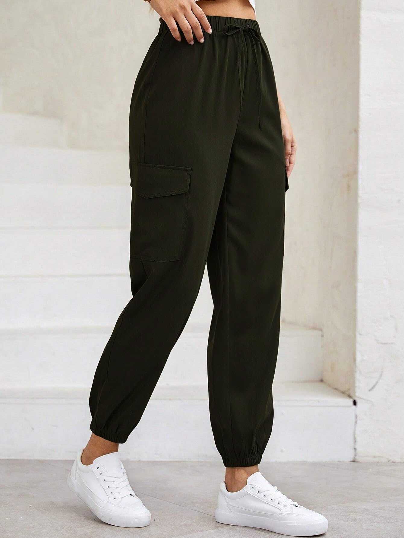 TAGAS Womens Solid Flap Pocket Side Drawstring Waist Cargo Pants || Cargo for Women