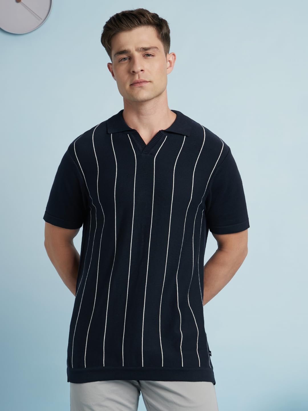 Dennis Lingo Men Cotton Regular Fit Striped T-Shirts Navy Blue