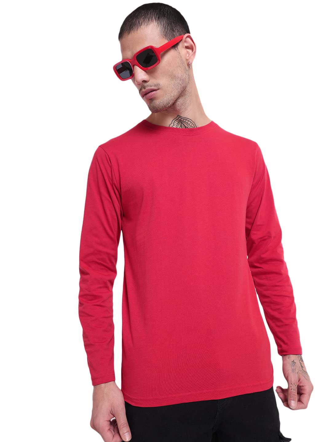 Bewakoof Mens Solid 100% Cotton T-Shirt - Regular Fit, Round Neck, Full Sleeves