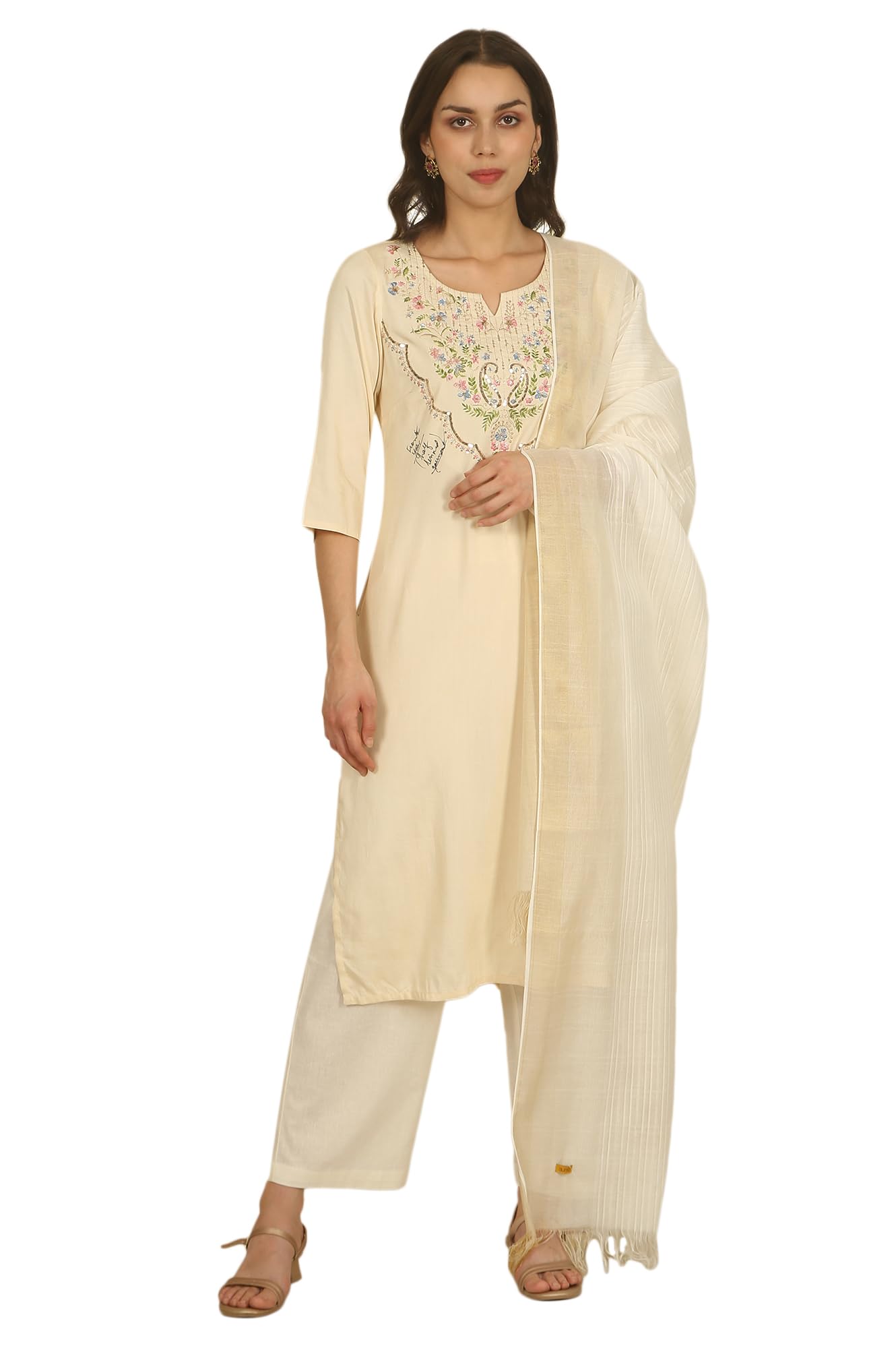 Aurelia Women's Off-White Zari Weaved Rayon Dobby Dupatta