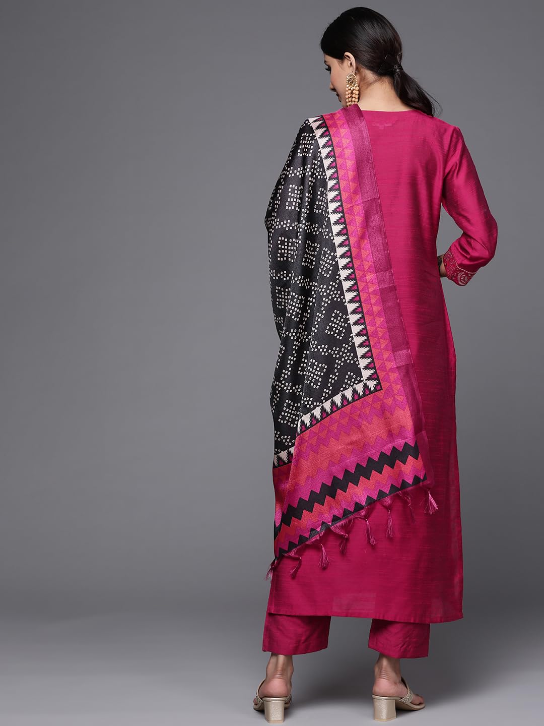 Varanga Magenta Silk Kurta Set For Women Elegant Woven Yoke, Gota Embellishment, Elasticated Trouser, Side Slits Stylish & Com