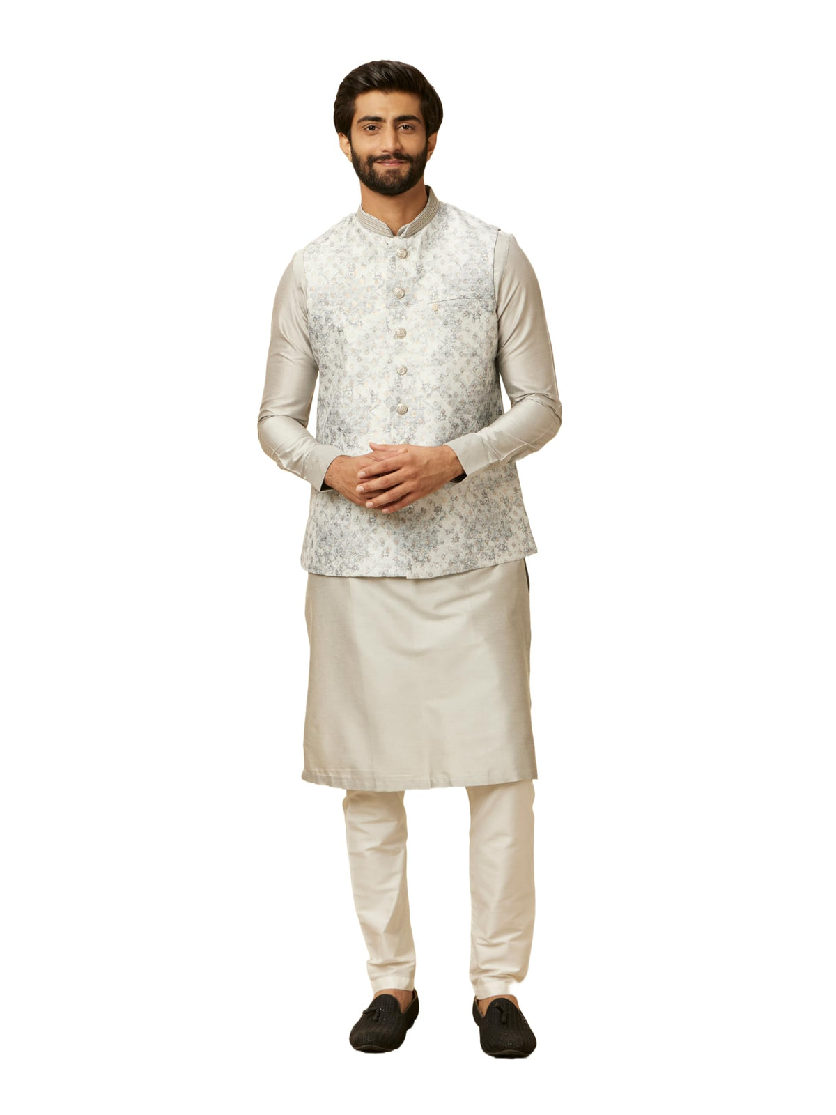 Manyavar Grey Art Silk Foil Print Kurta Jacket Set