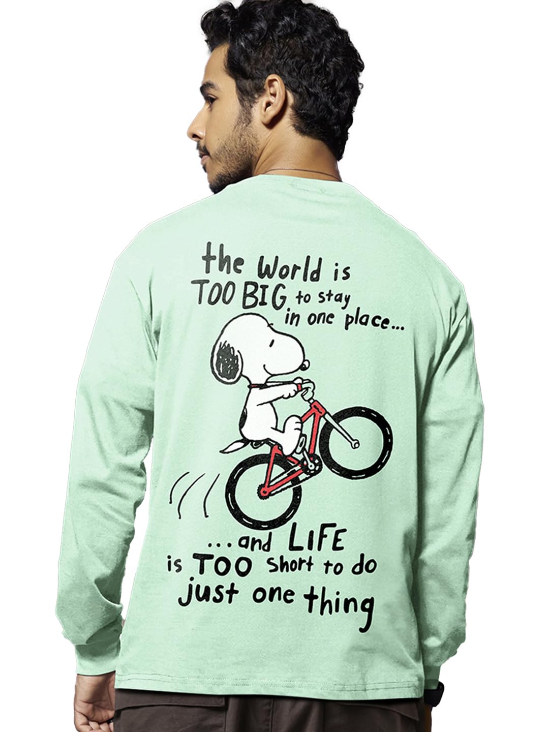 Bewakoof Mens Cotton Move On Graphic Printed T-Shirt, Oversized Fit, Round Neck, Full Sleeve_587155_Green_XL