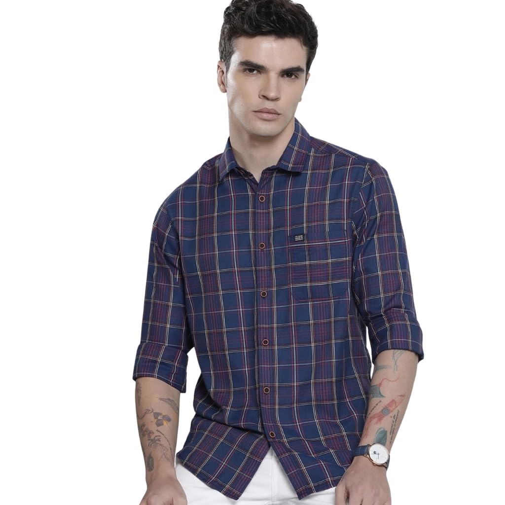 The Indian Garage Co Men Blue Checkered Slim Fit Casual Shirt