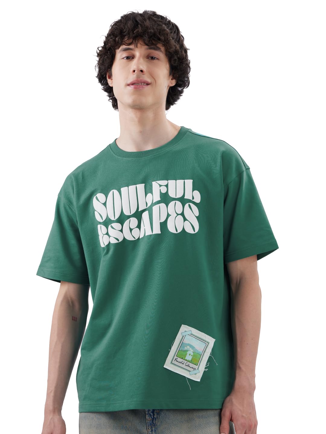 The Souled Store Soulful Men and Boys Short Sleeves Round Neck Green Puuff Printed Cotton Oversized T-Shirts