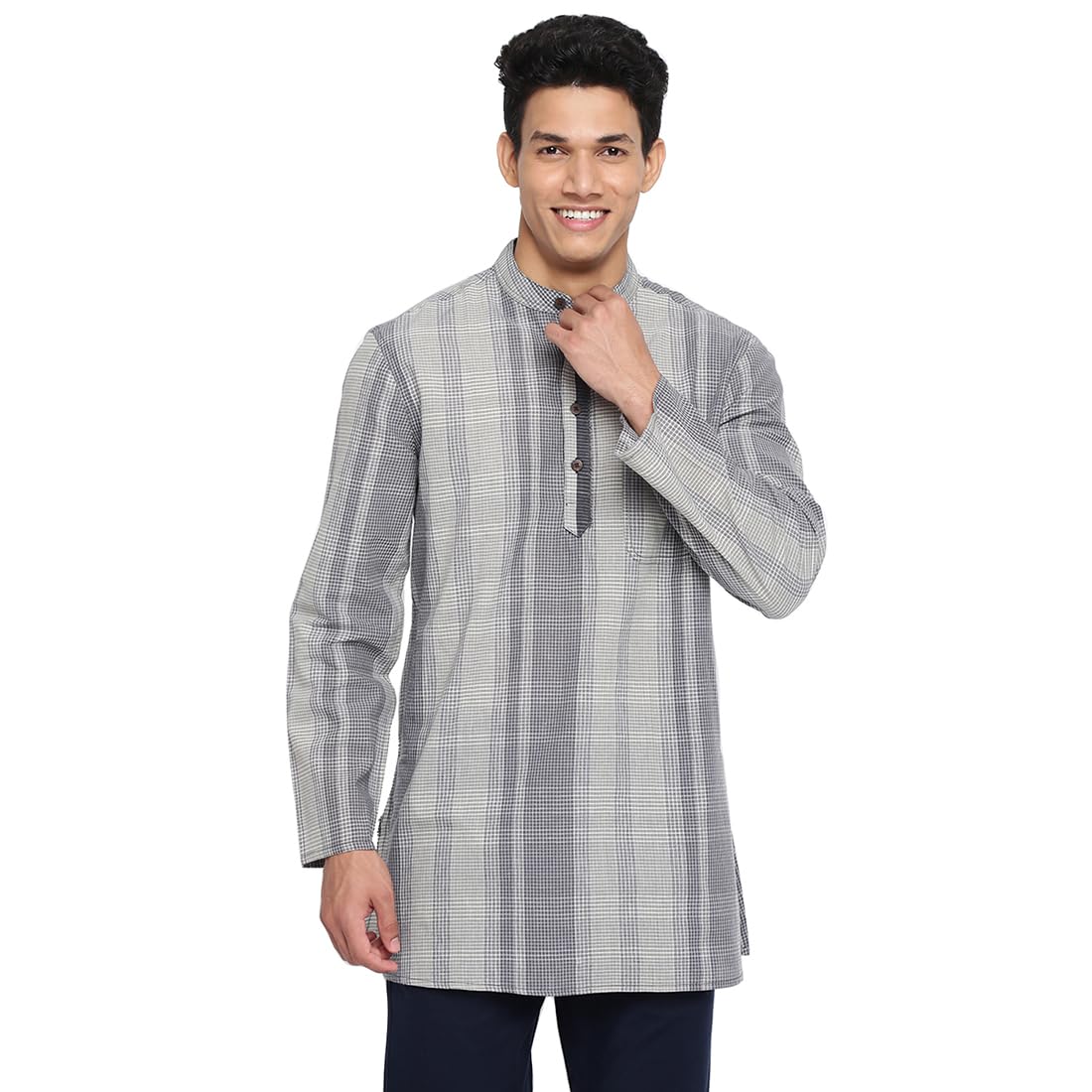 Fabindia MenS Grey Cotton Checks Comfort Fit Short Kurta