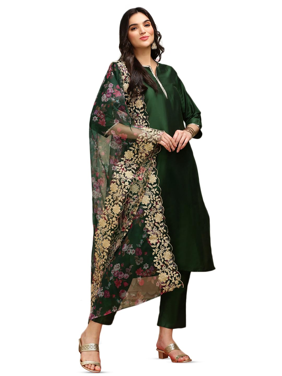 Ishin Green Thread Work Silk Crepe Straight Kurta With Trousers & Dupatta | Kurta Set For Women | Kurta With Trousers And Dupatt
