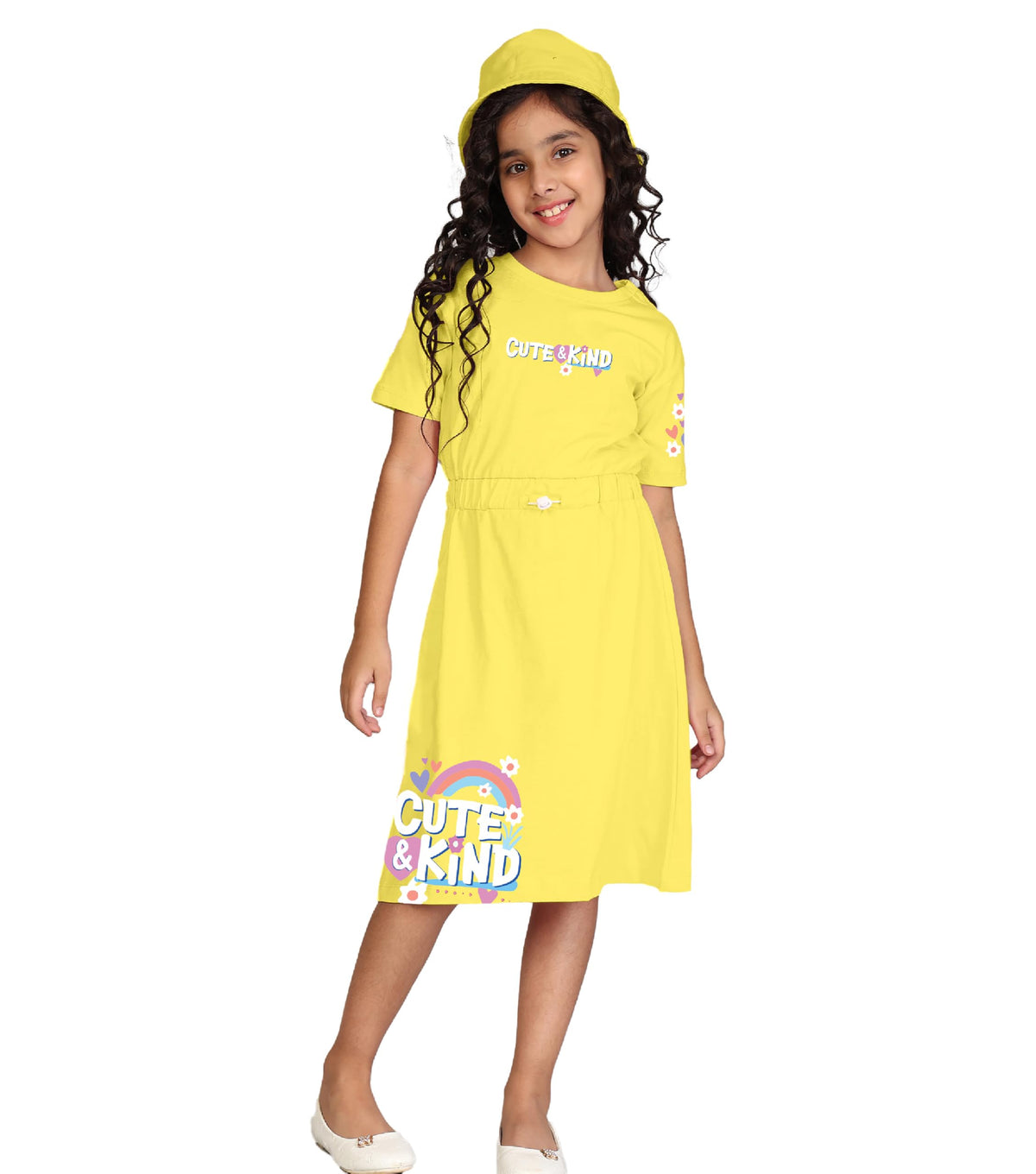 Kyda Kids 100% Pure Cotton Printed Round Neck Regular Fit Short Sleeve Long Top For Girls (Pack Of 1) Light Yellow