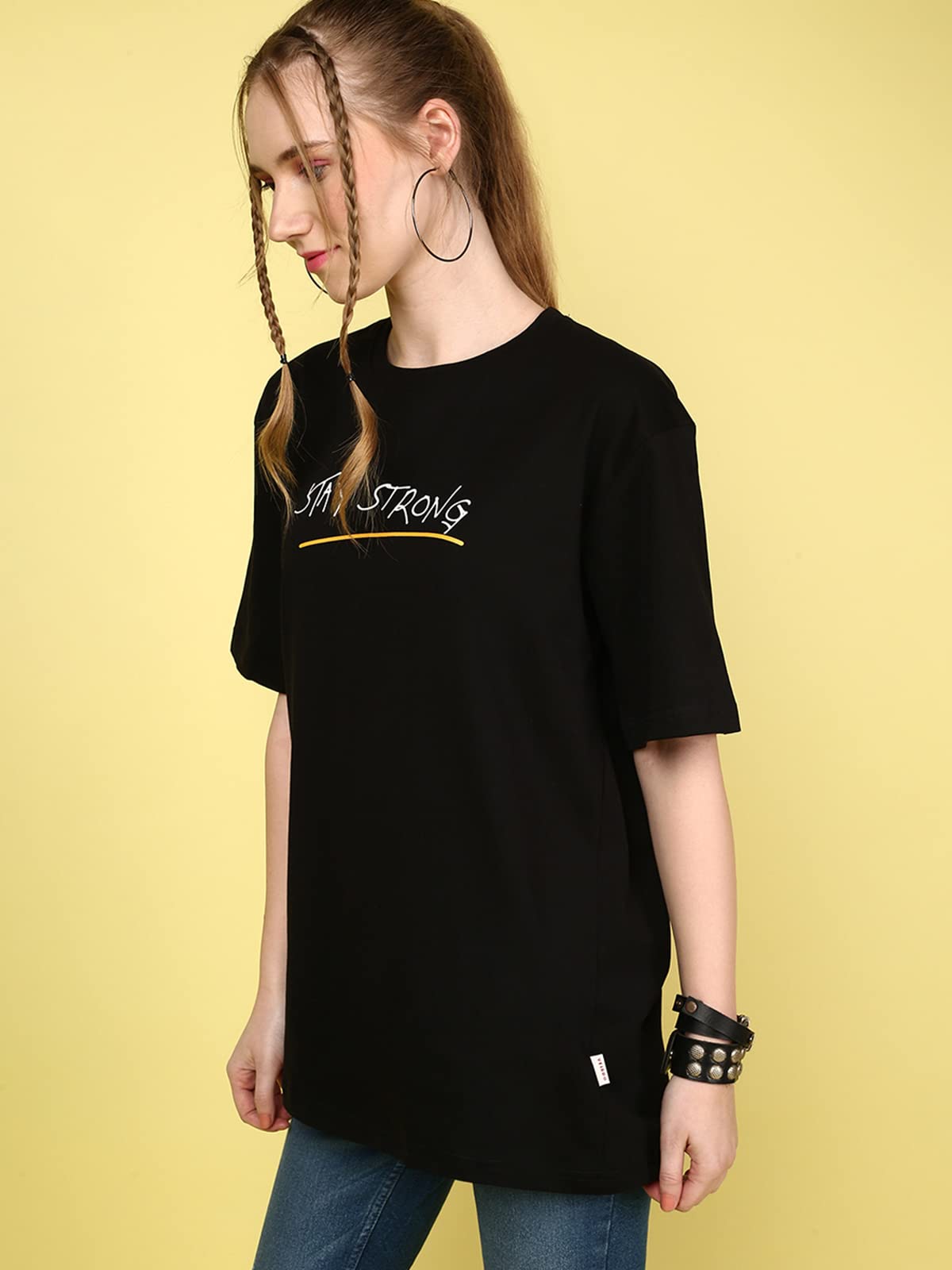 Juneberry Oversized Loose Baggy Fit Drop Shoulder Half Sleeves Pure Cotton Stay Strong Graphic Printed Black & Mint Green Round