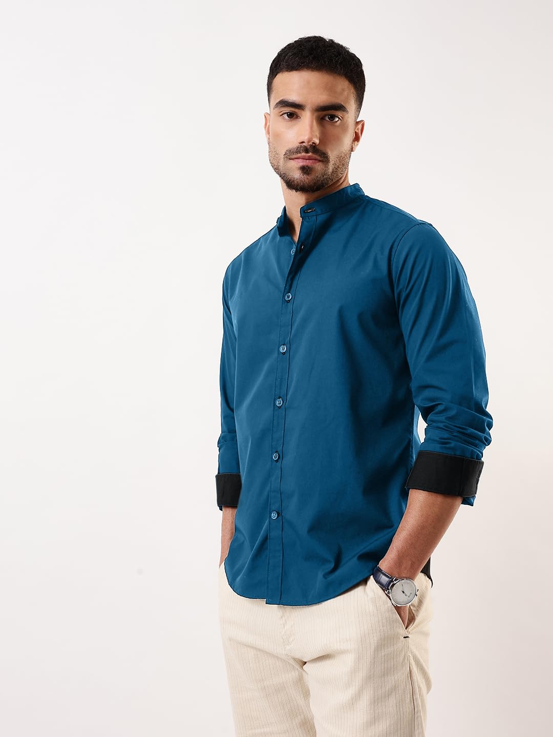 Dennis Lingo Men Teal Solid Chinese Collar Full Sleeves Regular Fit Cotton Casual Shirt