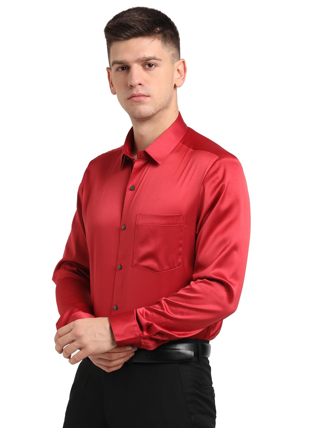 Turtle Men Poly Satin Red Solid Slim Fit Full Sleeve Ceremonial Shirt