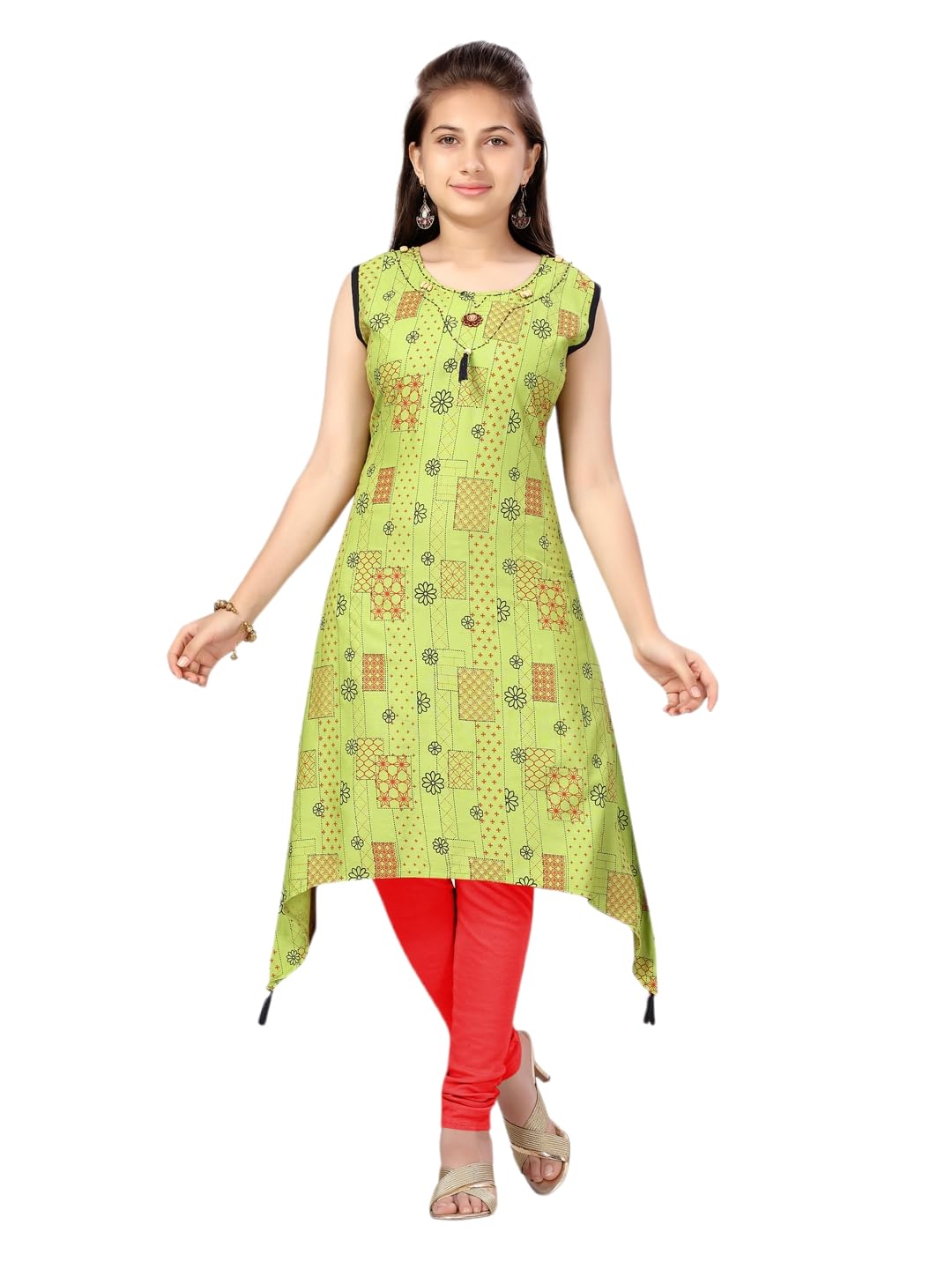 Aarika Girls Green-Red Kurti Legging Set (KL-AP-3234-GREEN-RED-32)