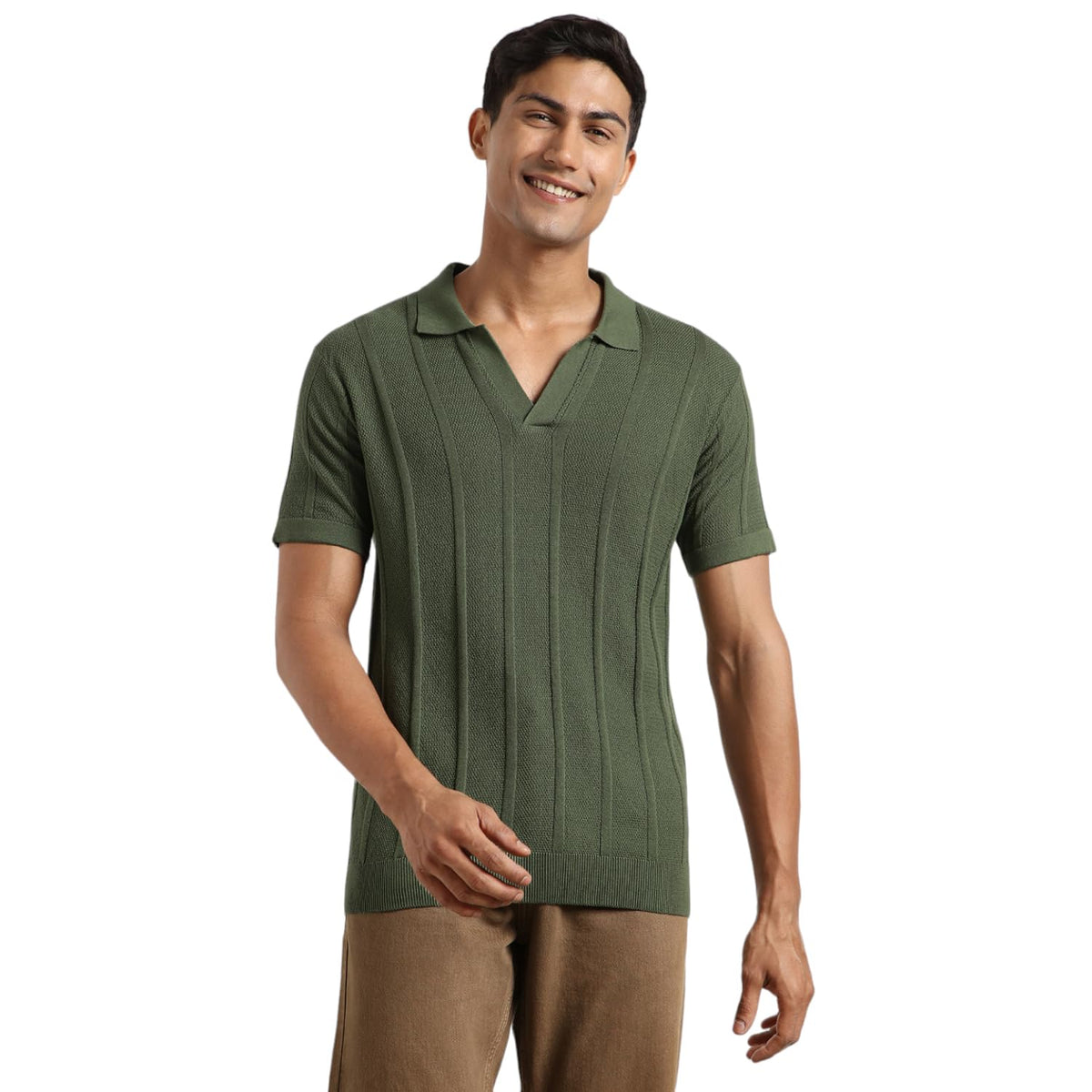 Nobero MenS Self Design Regular Fit Polo Shirt (1M-Twpo-R0013_Olive Green