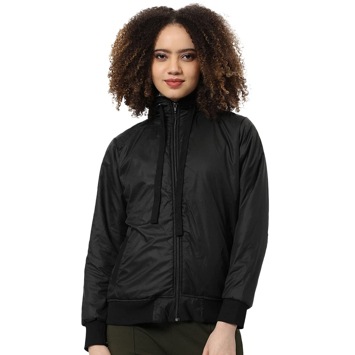 Campus Sutra Women Black Puffer Regular Fit Bomber Jacket For Winter Wear | Standing Collar | Full Sleeve | Zipper | Casual Jack