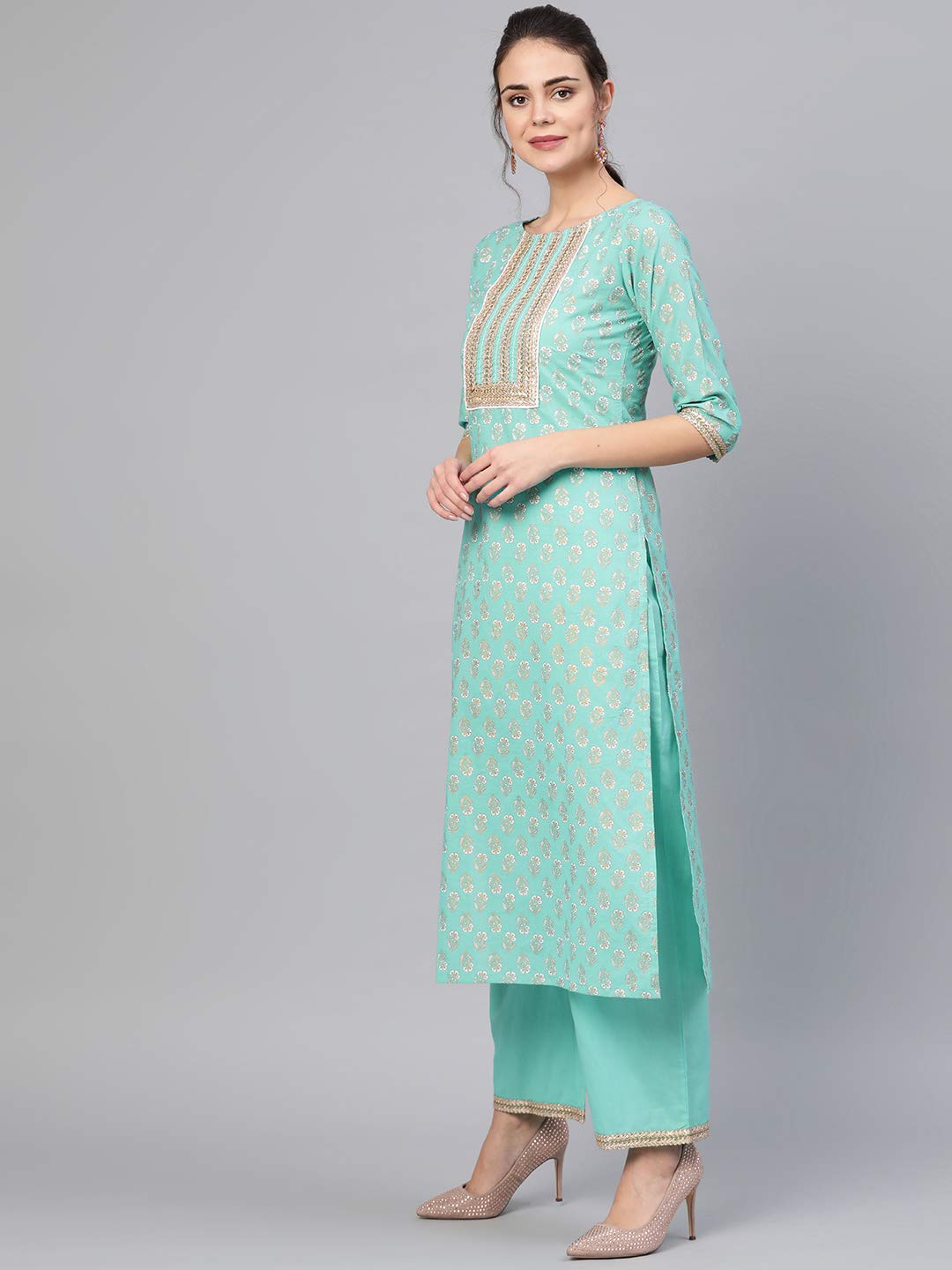 idaLia Gold Printed Straight Cotton Kurta with Palazzo Pant Set ?Stylish Kurta Sets for Wedding & Festive Occasions ?3/4 Sleeve, Boat Neck, Calf Length, Kurta Set for Women