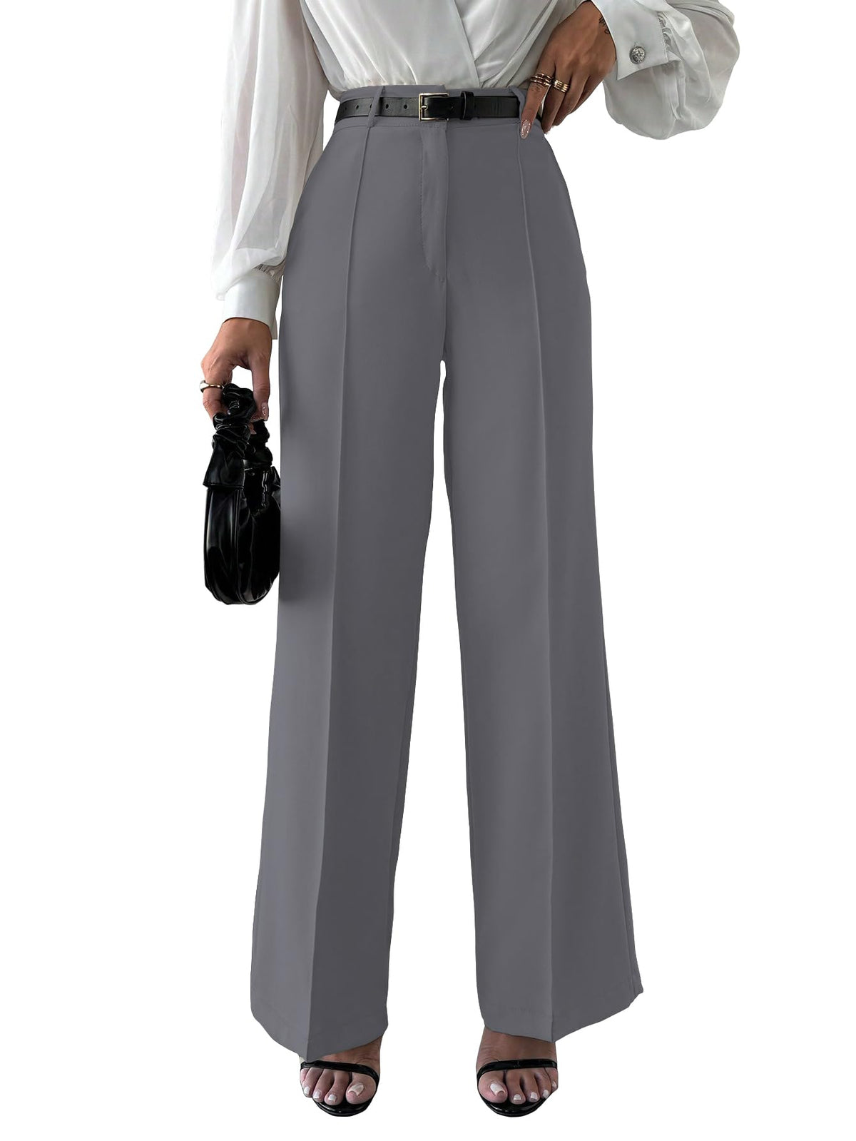 Shasmi Womens Solid Grey Color High Waist, Wide Straight-Leg Loose Fit, Front Button Closure, Simple Daily Casual Long Pants wi