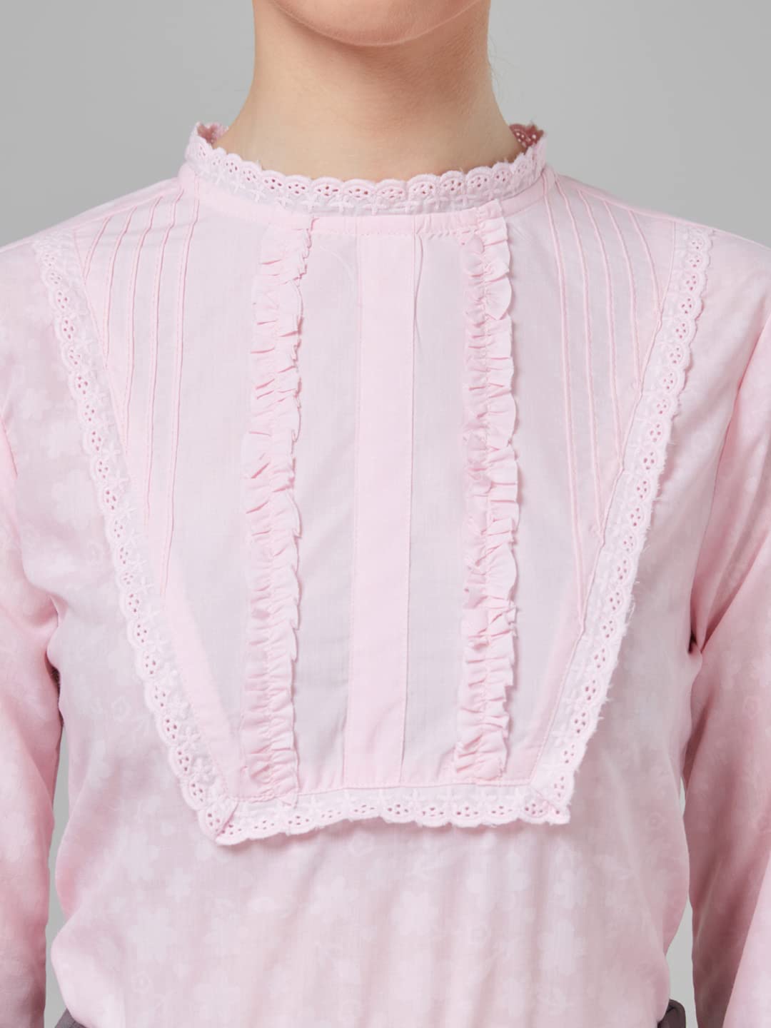 Style Quotient Women Self Design Floral Powder Pink Cotton Regular Smart Casual Top