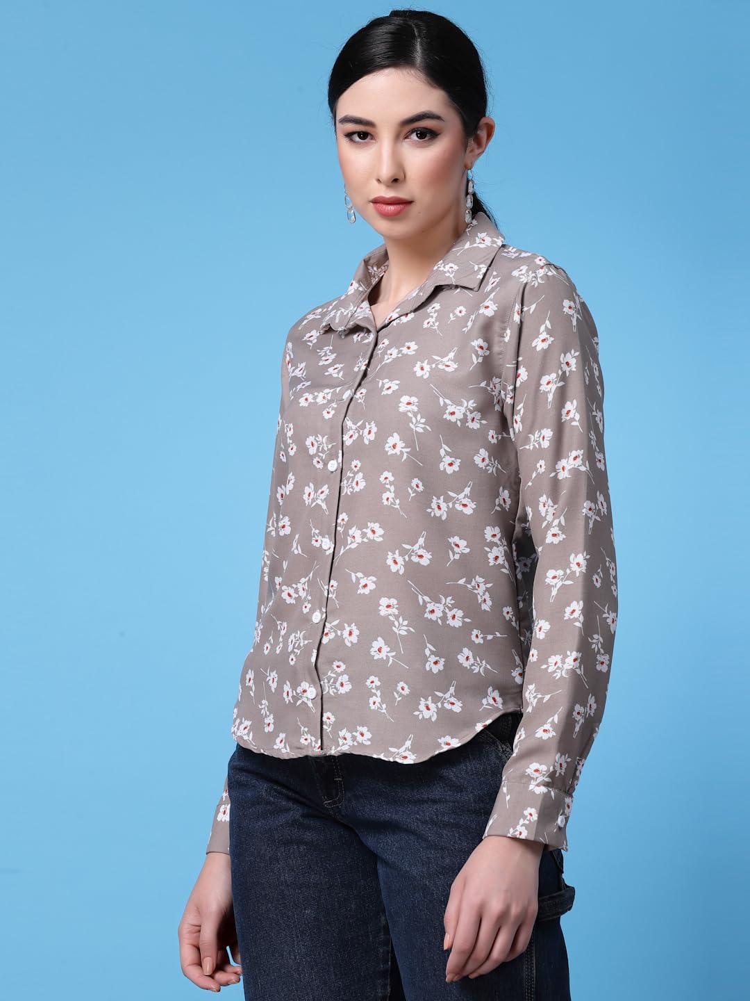 OOMPH! Shirts for Women, Floral Printed, Brown