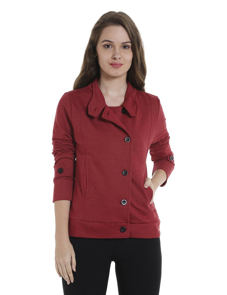 Campus Sutra Womens Red Solid Cotton Jacket Regular Fit for Casual Wear | Collar with Hoodie | Single Breasted | Stylish Jacket