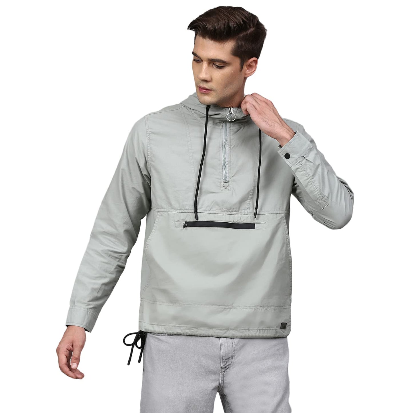 Campus Sutra Men Grey Solid Windcheater Sporty Jacket
