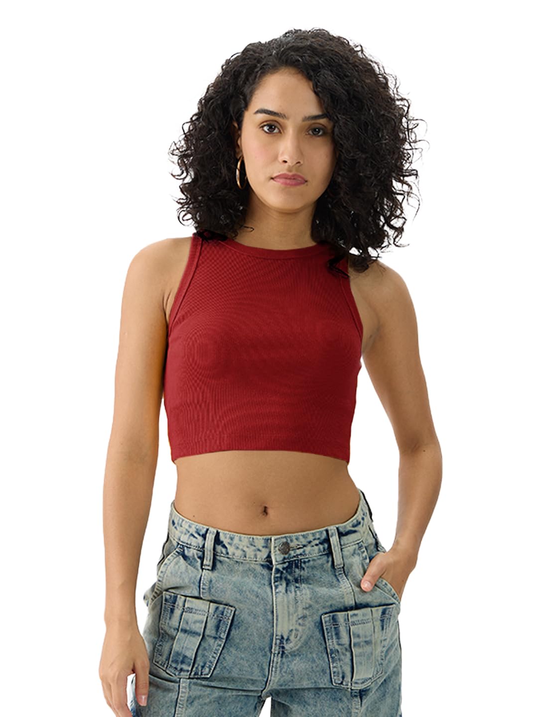 The Souled Store Solids: Lipstick Red Women & Girls Round Crew Neck Sleeveless Ribbed Crop Tank Tops