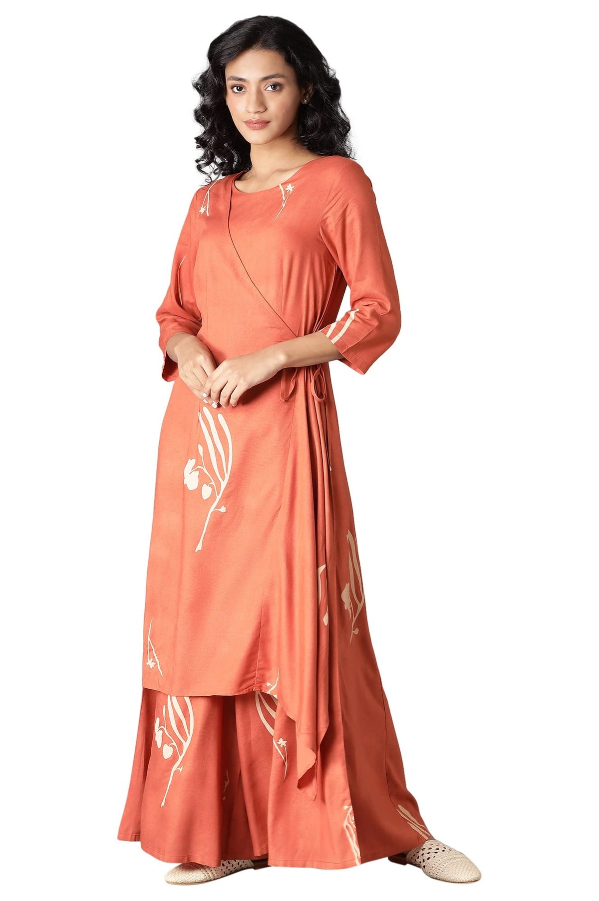 W Orange Floral Printed Stylised Jumpsuit for Women