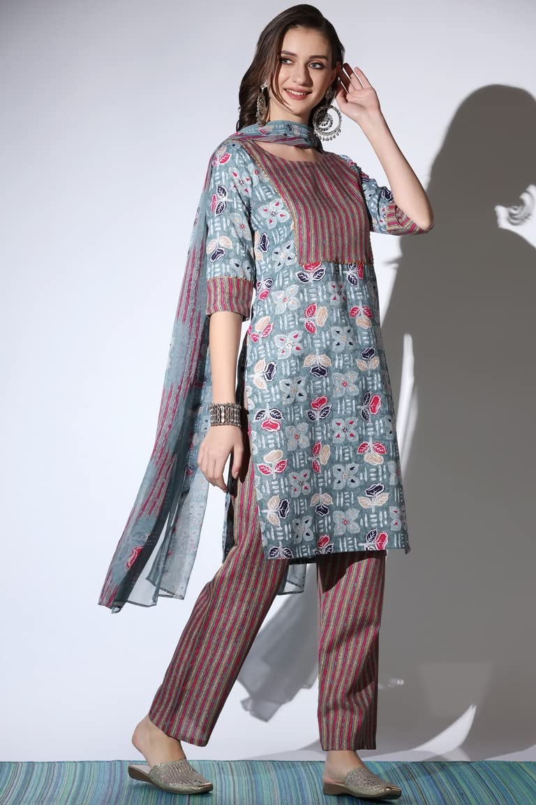 OM SAI LATEST CREATION Kurta Set for Women | Cotton Stitched Lace Detailing Floral Hand Block Print Straight Kurta Set | Cotton Printed Kurta Set with Dupatta for Women.