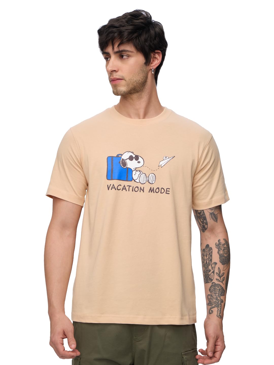 The Souled Store Peanuts: Airplane Mode On Men and Boys Short Sleeves Round Neck Beige Graphic Printed Regular Fit Cotton T-Shir