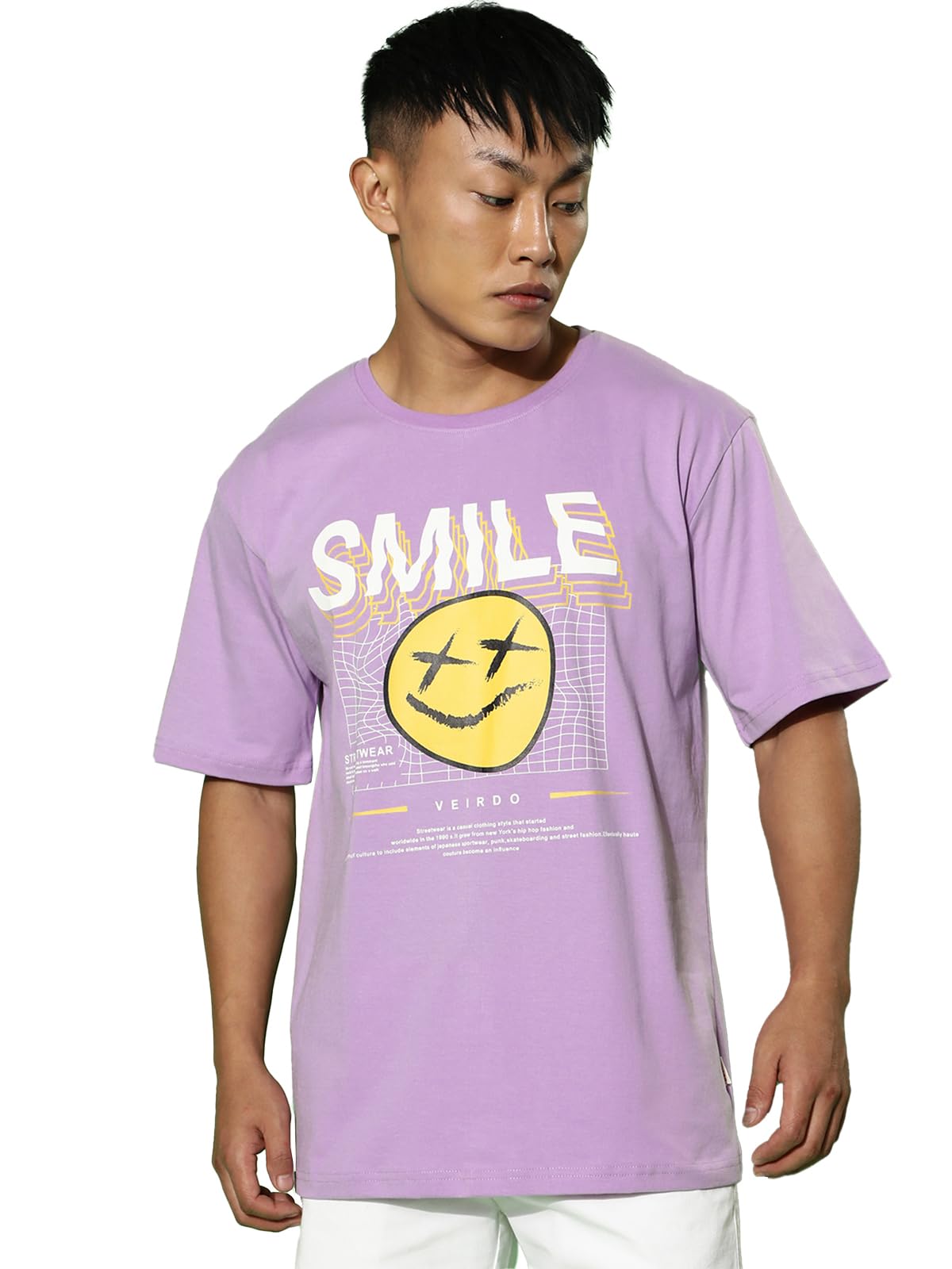 Veirdo Mens Cotton Oversize Baggy Fit Short Sleeve Full Front Graphic Smile Printed T-Shirt